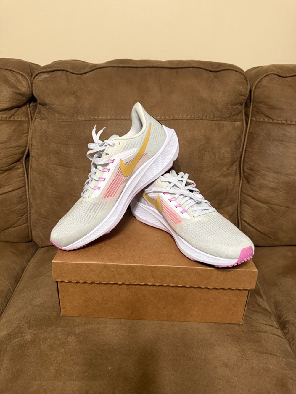 Nike Women's Running Sneakers - Cream with Pink and Gold Accents